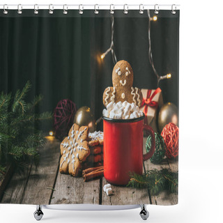 Personality  Gingerbread Man In Cup Of Cocoa With Marshmallows On Wooden Table With Christmas Light Garland Shower Curtains