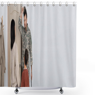 Personality  Man In Camouflage Taking Off Military Cap Near Wife And Son Meeting Him At Home, Banner Shower Curtains