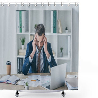 Personality  Depressed Businessman Touching Bowed Head While Sitting With Closed Eyes At Workplace Shower Curtains