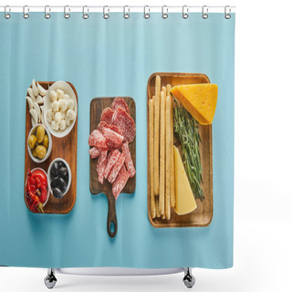 Personality  Flat Lay With Boards With Antipasto Ingredients On Blue Background Shower Curtains
