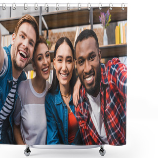 Personality  Happy Young Multiethnic Friends Smiling At Camera Shower Curtains