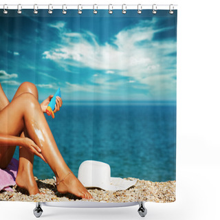 Personality  Tan Woman Applying Sunscreen On Legs Shower Curtains