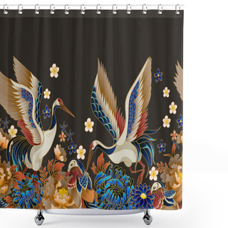 Personality  Border With Mandarin Ducks, Flowers And Cranes. Vector. Shower Curtains