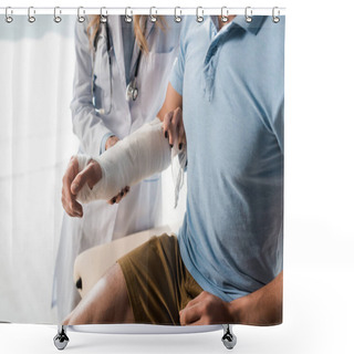 Personality  Cropped View Of Orthopedist Putting Bandage On Injured Hand Of Man  Shower Curtains