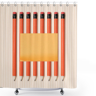 Personality  Top View Of Empty Stick It Note On Graphite Pencils With Erasers Placed In Row On Beige  Shower Curtains