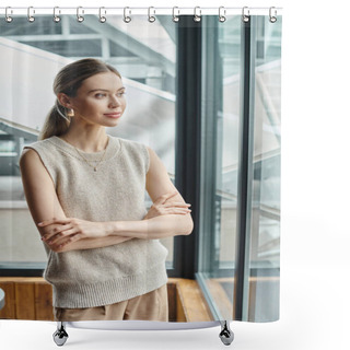 Personality  Close Up Young Attractive Woman With Blonde Ponytail Looking Through Window, Coworking Concept Shower Curtains