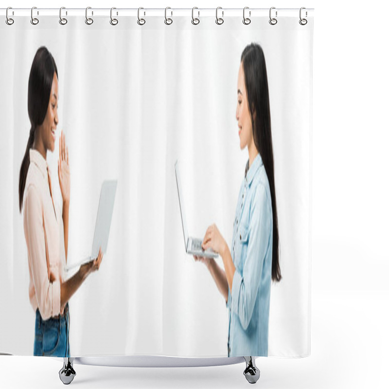 Personality  Panoramic Shot Of Attractive Asian And African American Talking In Video Chat Isolated On Pink  Shower Curtains