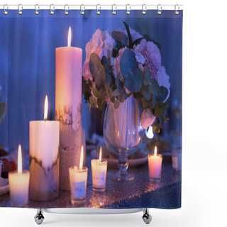 Personality  Beautiful Candles Are Burning On The Table Shower Curtains