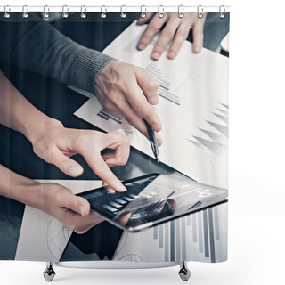 Personality  Research Department Working Process.Photo Woman Showing Business Reports Modern Tablet. Statistics Graphics Screen.Banker Holding Pen For Signs Documents,discussion Startup Idea. Vertical.Film Effect Shower Curtains