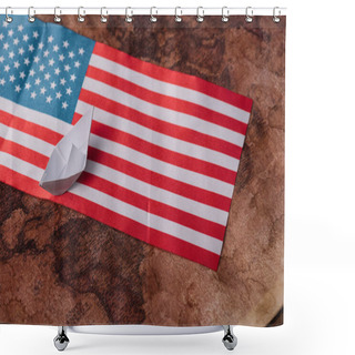 Personality  White Paper Boat On Ancient World Map With American National Flag Shower Curtains