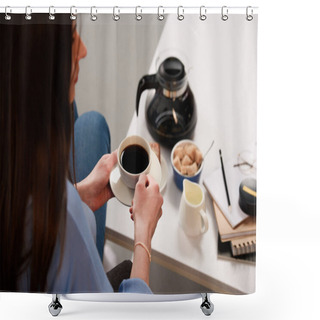 Personality  Partial View Of Woman With Cup Of Coffee And Coffee Table With Coffee Maker, Jag Of Cream And Brown Sugar Shower Curtains