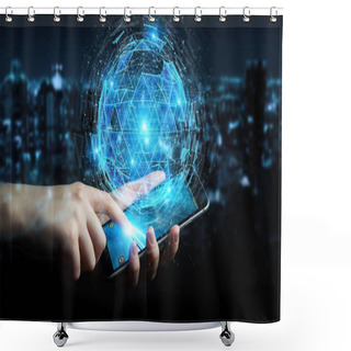 Personality  Businessman On Blurred Background Using Digital Triangle Exploding Sphere Hologram 3D Rendering Shower Curtains