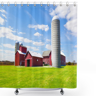Personality  American Countryside Red Farm With Blue Sky Shower Curtains