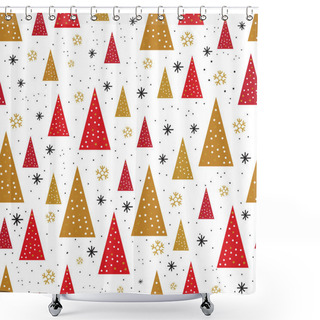 Personality  Abstract New Year Holiday Seamless Pattern In Vector. Geometric Forest. Christmas Trees And Snowflakes Gold And Red. Simple Minimalist Trees. Scandinavian Style. Huge. Shower Curtains