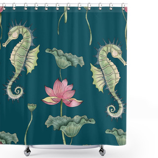 Personality  Seamless Pattern Of A Pair Of Seahorses, Lotus, Lotus Leaves  Shower Curtains