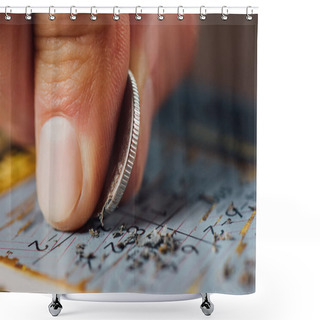 Personality  Close Up View Of Silver Coin In Hand Of Gambler Scratching Lottery Card Shower Curtains