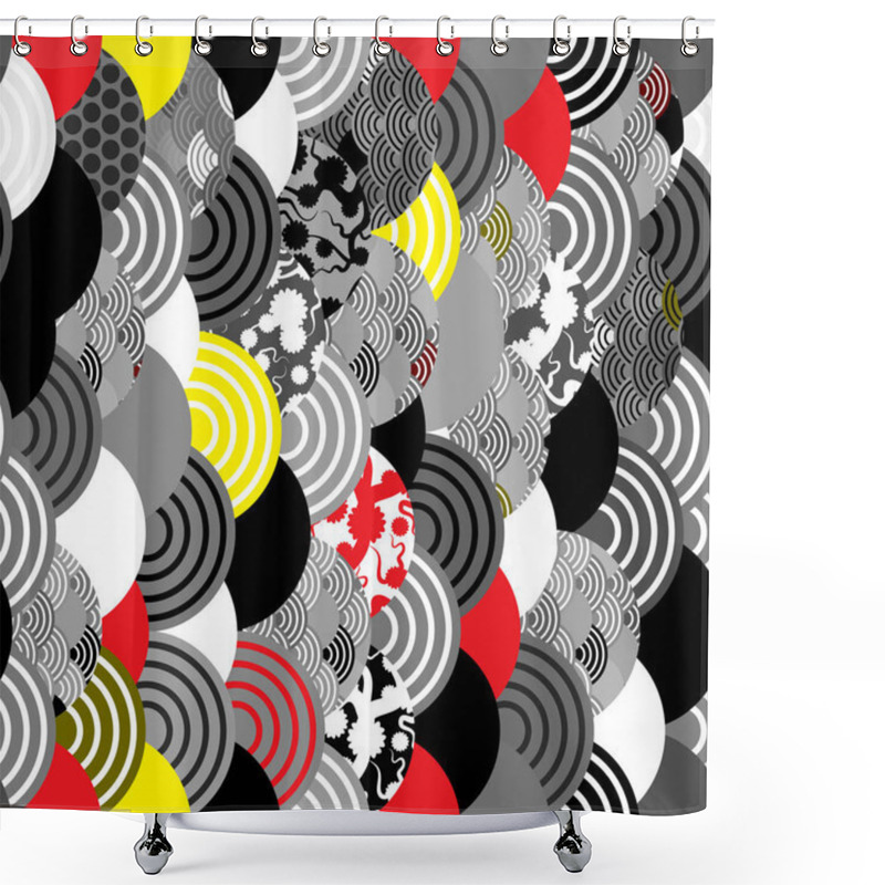 Personality  Seamless Pattern Fish Scales Simple Nature Background With Japanese Sakura Flower, Cherry, Wave Circle Black Gray White Red Yellow Colors. Geometric Print, Trendy Backdrop. Vector Illustration Shower Curtains