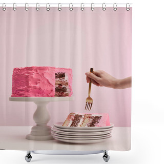 Personality  Cropped View Of Woman Holding Golden Fork Near Piece Of Sweet Birthday Cake In White Saucer On Pink Shower Curtains
