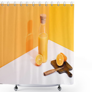 Personality  Fresh Orange Juice In Glass Bottle Near Ripe Oranges, Wooden Cutting Board With Knife On White Surface On Orange Background Shower Curtains