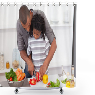 Personality  Loving Father Helping His Son Cut Vegetables Shower Curtains