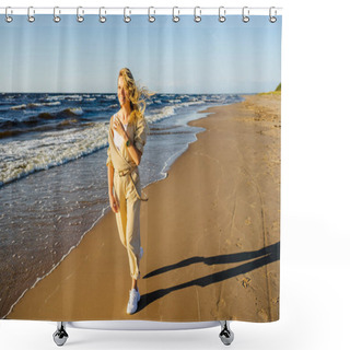 Personality  Young Smiling Woman In Stylish Clothing Walking On Seashore On Summer Day Shower Curtains