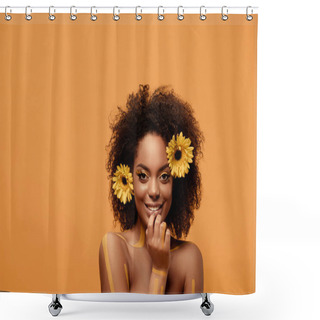 Personality  Young Smiling African American Woman With Artistic Make-up And Gerbera In Hair Isolated On Orange Background Shower Curtains