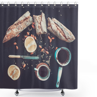 Personality  Rustic Breakfast Set Of French Baguette Broken Into Pieces, Grapefruit, Sunflower Seeds, Almonds And Coffee On Dark Shower Curtains