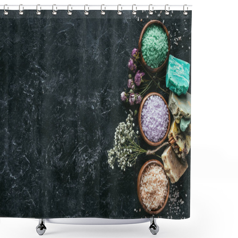 Personality  Flat Lay With Homemade Soap, Dried Flowers And Sea Salt In Wooden Bowls On Black Marble Surface, Spa Concept Shower Curtains