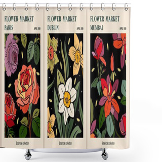 Personality  Abstract Flower Market Poster Set. Trendy Botanical Wall Art With Floral Design In Bright Colors On Dark Background. Modern Naive Groovy Funky Interior Decoration, Painting. Vector Art Illustration. Shower Curtains