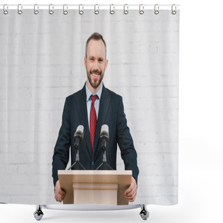 Personality  Happy Bearded Speaker Smiling Near Microphones And Brick Wall  Shower Curtains