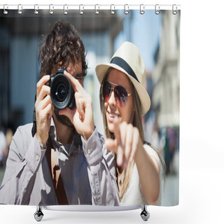Personality  Tourists Photographing And Having Fun Shower Curtains