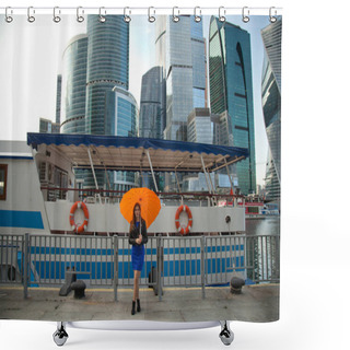 Personality  Pretty Young Redhead Woman With Orange Big Heart Umbrella On The City Street Shower Curtains