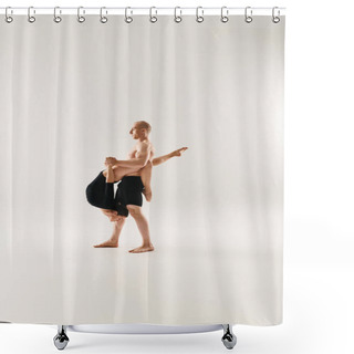 Personality  A Shirtless Young Man Lifts A Woman In Black On A White Background. Shower Curtains
