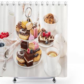 Personality  Cake Stand With Macaroons, Mini Cakes, Cookies For Tea. Shower Curtains