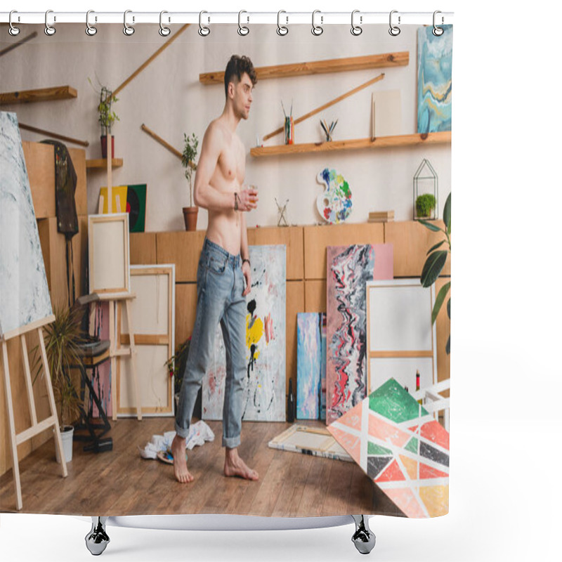 Personality  Handsome Half-naked Artist In Blue Jeans Standing In Spacious Light Painting Studio Shower Curtains