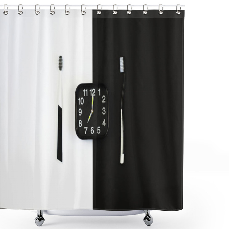Personality  Black Alarm Clock With Manual Toothbrush Set On White And Black Background. Shower Curtains