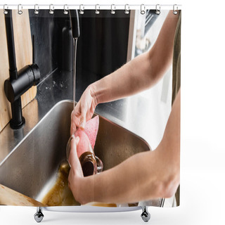 Personality  Cropped View Of Woman Cleaning Cup With Rag In Kitchen Sink  Shower Curtains