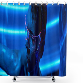 Personality  Futuristic Science Concept, Cosmic Alien In Goggles In Neon-lit Innovative Science Center, Banner Shower Curtains