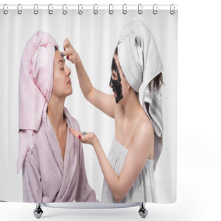Personality  The Girl Puts Her Sister A Cosmetic Mask On Her Face. They Have Fun And Indulge In The Process. Empty Background, Great Mood. Facial Skin Care. Sisters. Shower Curtains