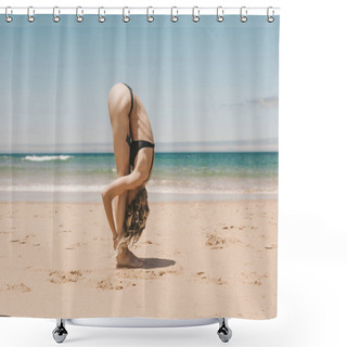 Personality  Side View Of Young Woman Standing In Forward Fold Yoga Pose On Sandy Beach Shower Curtains