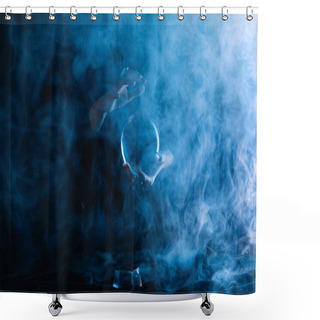 Personality  Cropped View Of Witch Holding Crystal Ball With Smoke Around On Dark Blue  Shower Curtains