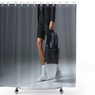 Personality  Cropped Image Of Stylish Man In Shorts Holding Backpack On Grey Background  Shower Curtains
