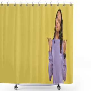 Personality  Puzzled Young Man With Dreadlocks Thumbs Pointing Different Ways On Yellow Background, Banner Shower Curtains