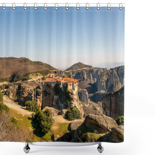 Personality  Sunshine On Historical Monastery On Rock Formations In Meteora  Shower Curtains