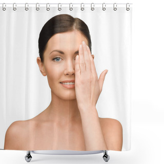 Personality  Smiling Young Woman Covering Face With Hand Shower Curtains