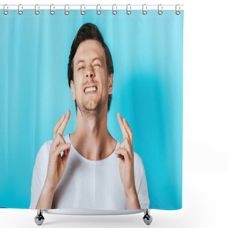 Personality  Young Man In White T-shirt With Crossed Fingers On Blue Background Shower Curtains