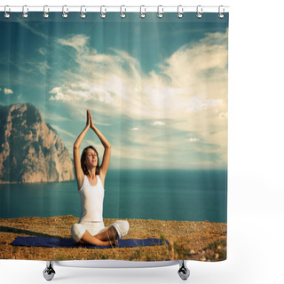 Personality  Woman Doing Yoga At The Sea And Mountains Shower Curtains