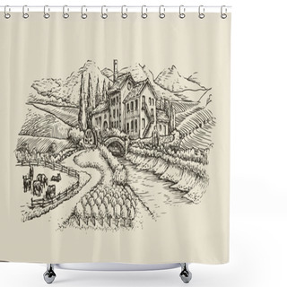 Personality  Farm Landscape, Village Sketch. Hand Drawn Vintage Vector Shower Curtains