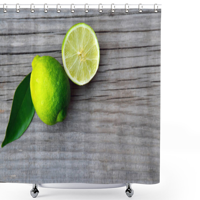 Personality  Fresh Ripe Organic Lime On Old Wooden Table.Lime Fruit.Diet,Healthy Food Or Aromatherapy Concept.Copy Space,selective Focus. Shower Curtains