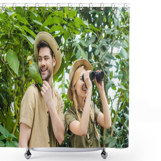 Personality  Happy Young Couple With Parrot Sitting On Shoulder Of Man Hiking Together In Jungle Shower Curtains